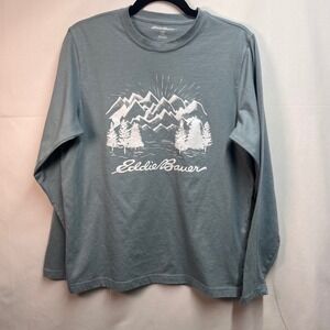 Eddie Bauer‎ Mens Long Sleeve Graphic T Shirt Mountains Trees Gray Small